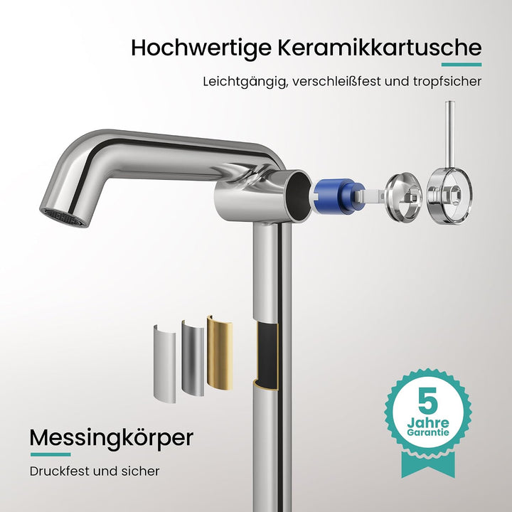 EMKE Wasserhahn Bad Chrom, 332 x 220 x 76 mm, Messing, Keramikkartusche, Badarmatur, Wasserhahn mit