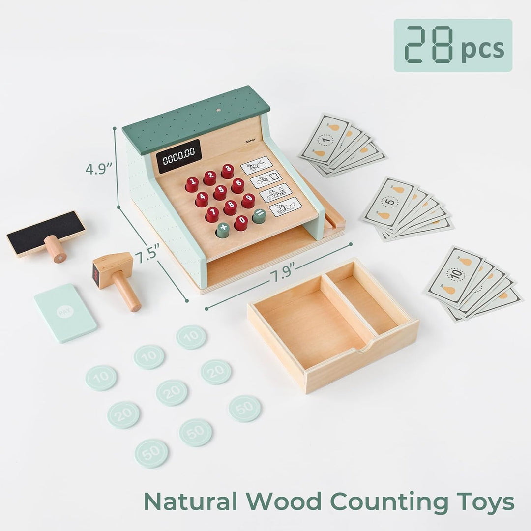 PairPear Kinder Kasse aus Holz spielkasse Kinder mit Scanner, Kartenlesegerät, Kreditkarten und Spie