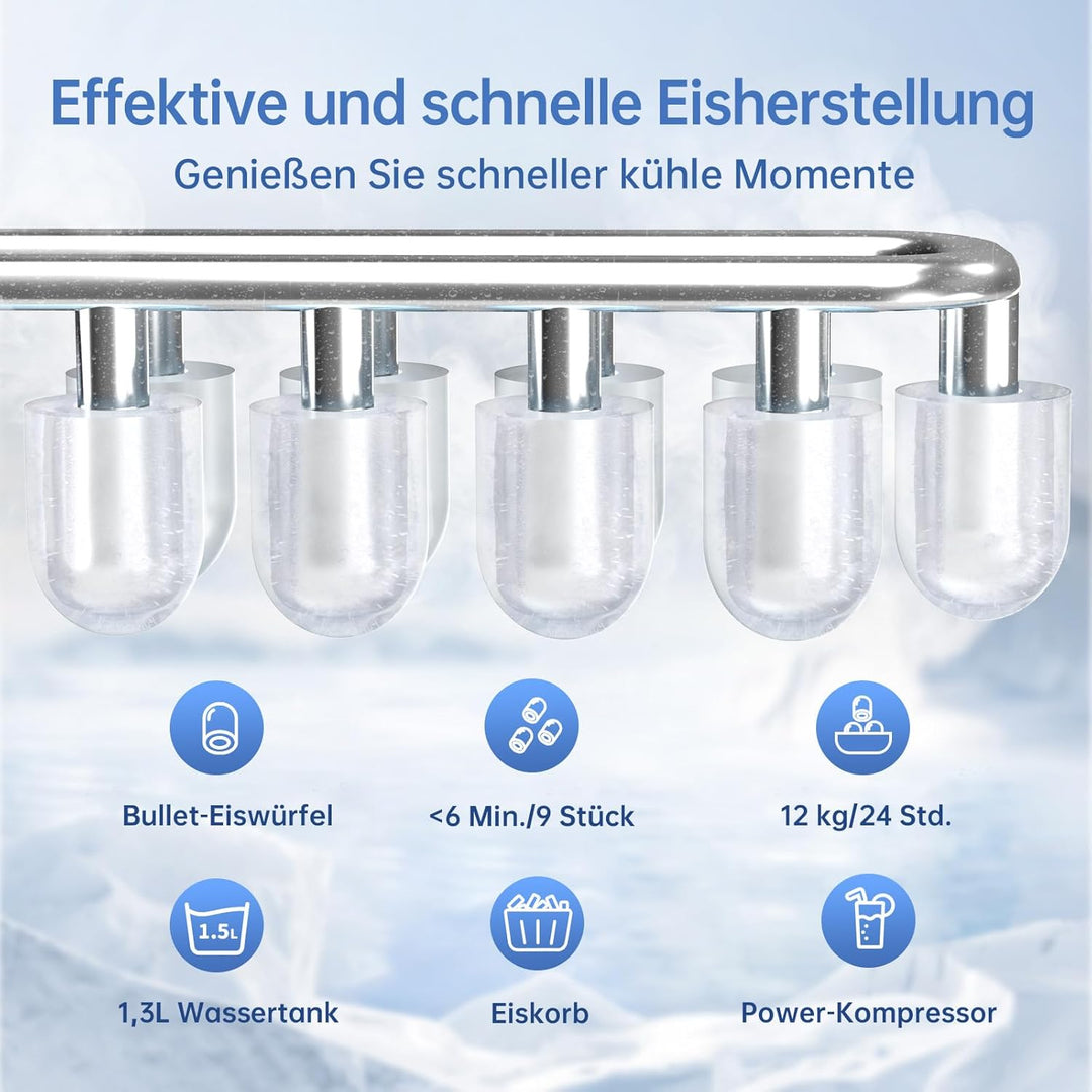 WIE Eiswürfelmaschine 12KG Eiswürfelbereiter Ice Maker, 9 Würfel in 6 Minuten fertig, Eiswürfelmasch