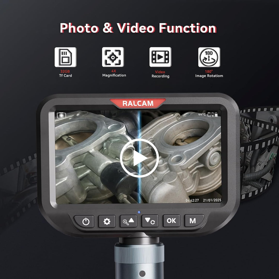 Ralcam Endoskopkamera mit Licht, Endoscope Camera mit 180° beweglichem Kopf, 8,5mm Dual-Sonde, 5" HD
