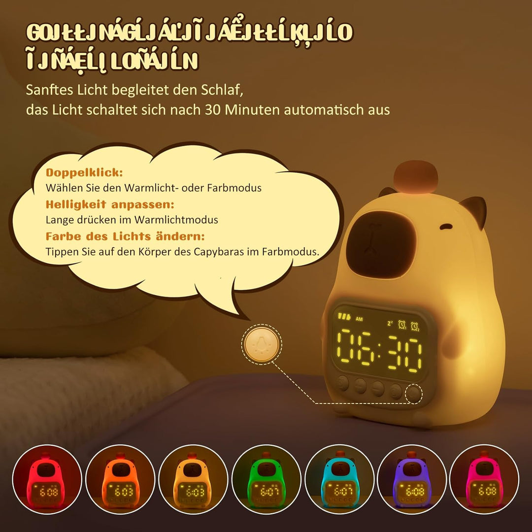 Yiliaw Capybara Wecker mit Nachtlicht für Kinder, 7 RGB-Farben Süsse Wecker für Schlafzimmer, Ok to