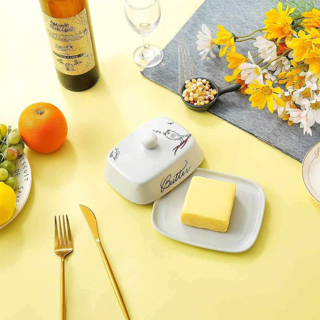 Butterdose mit Griff für 250g Butter, Hochwertige Keramik, Weiss mit Farbigem Vogelmuster, Porzellan