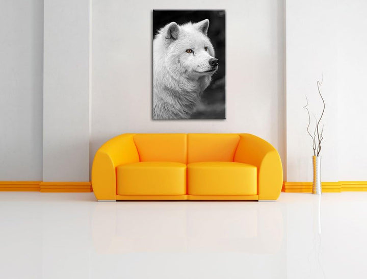 prächtiger Polarwolf schwarz/weiss auf Leinwand, XXL riesige Bilder fertig gerahmt mit Keilrahmen, K