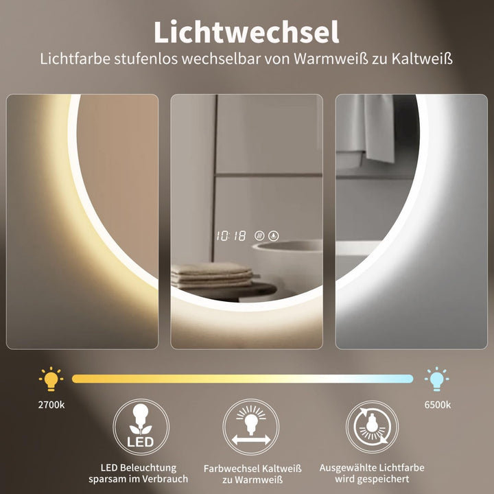 HOKO Badspiegel LED Antibeschlag Rund 80cm mit digital Uhr, mit LED Wechsel 2700-6500K (Warmweiss -
