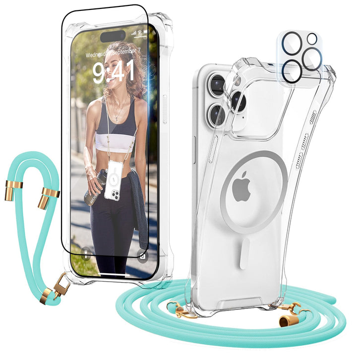 Handyband Abnehmbar für iPhone 15 Pro Max Hülle mit Band, Hellblau Langes Band zum Umhängen & Kurzko