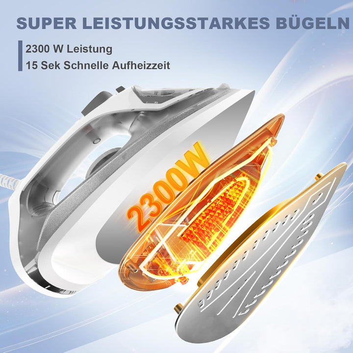 2300W Dampfbügeleisen mit Schnell Aufheizender Antihaft Bügelsohle, 300ml Wassertank, Konstante Damp