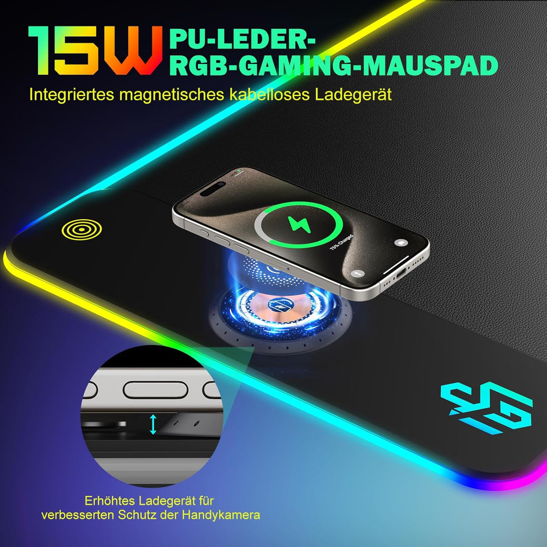 GIM PU-Leder kabelloses Ladekissen RGB Gaming Mauspad 15W, LED Mausmatte 800x300x4MM, 10 Lichtmodi e