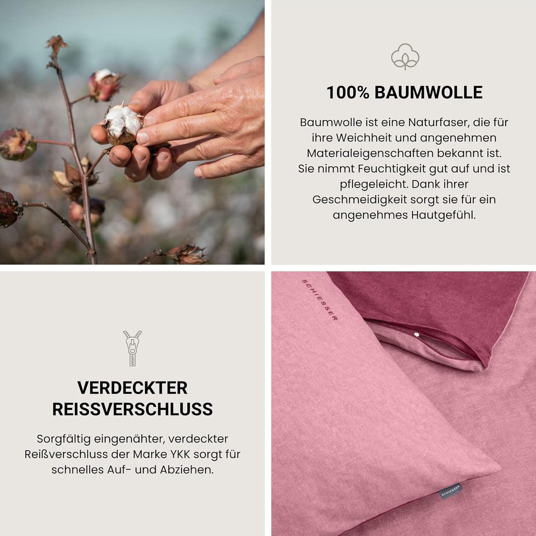 Schiesser Feinbiber Wendebettwäsche Doubleface, 100% Baumwolle, Farbe:Altrosa und Rosenholz, Grösse: