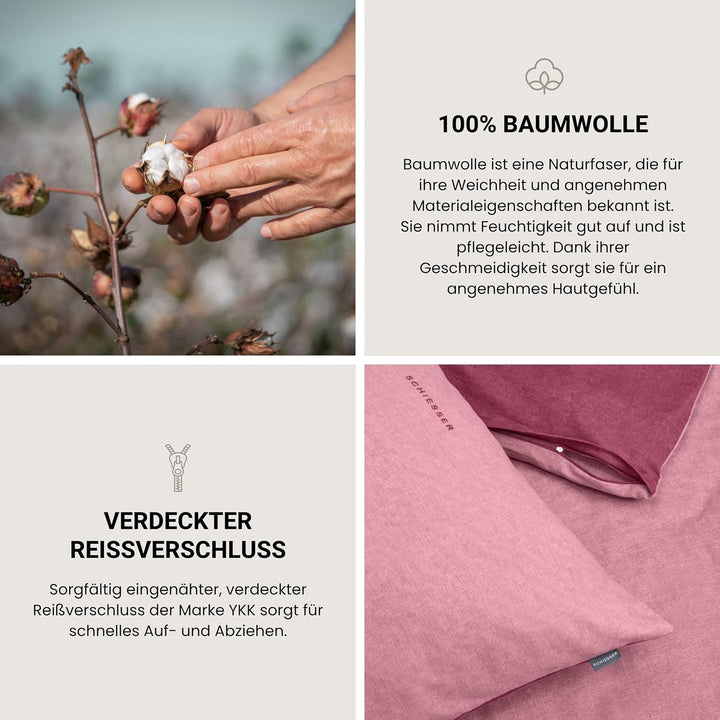 Schiesser Feinbiber Wendebettwäsche Doubleface, 100% Baumwolle, Farbe:Altrosa und Rosenholz, Grösse: