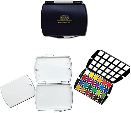 MIJELLO 87028 Mission Gold Aquarell-Kasten mit 1/2 Näpfchen, cadmiumfreie Künstler-Aquarellfarbe, 24