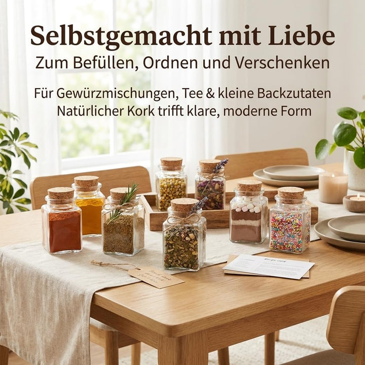 gouveo 12er Set Gewürzgläser 120 ml (0,12 l) Gewürzglas 120 ml hoch eckig mit Korken mit Presskorken