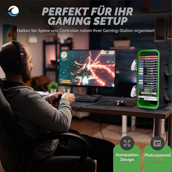 Universal Games Storage Tower Pro - Bis zu 18 Spiele - Mit Controller Halterung für bis zu 4 Gamepad