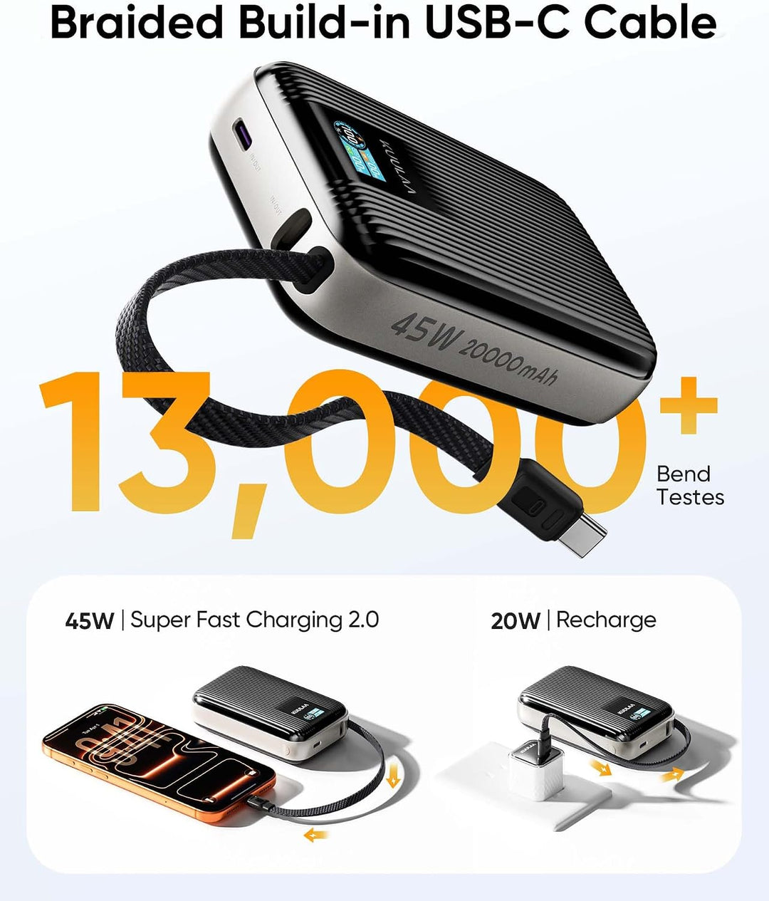 Power Bank 20000mAh, Ultra Klein 45W Schnellladung Powerbank mit Integriertem USB C Kabel &amp; LED Disp