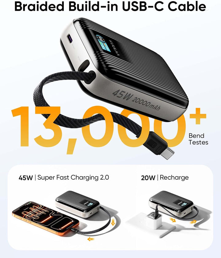 Power Bank 20000mAh, Ultra Klein 45W Schnellladung Powerbank mit Integriertem USB C Kabel &amp; LED Disp