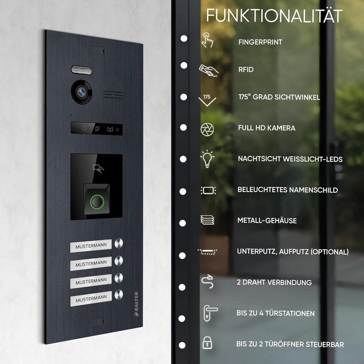 Balter EVO-HD Video Türsprechanlage mit Fingerprint, Video Türklingel, Smartphone App, 4 Familienhau