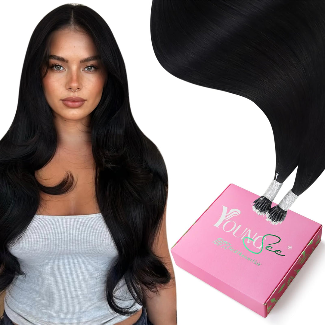 YoungSee Nanoring Extensions Echthaar Schwarz 55cm Nanoring Extensions 1g/s Nano Beads Hair Extensio