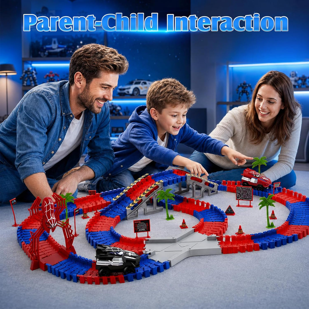 Spider Autorennbahn Set mit 2 Elektroautos, 212PCS Flexibles Auto Rennbahn Spielzeug, Kinder Weihnac