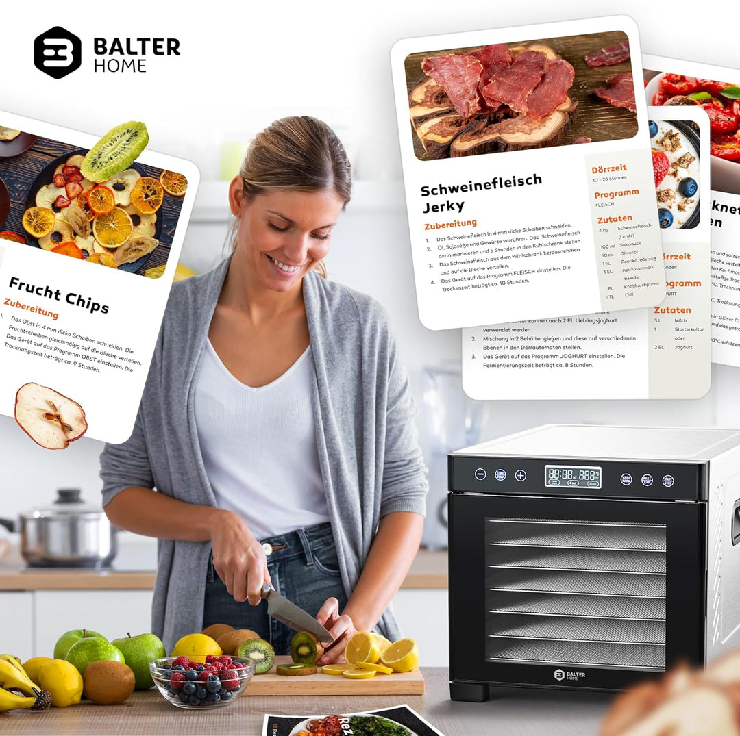 Balter Dörrautomat Edelstahl, Dörrgerät mit 7 Einlegefächern, BPA-frei, 600 W, 35°–75°C, Timer bis 4