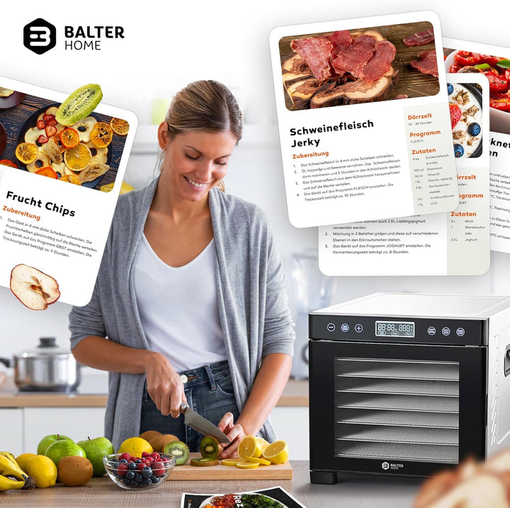 Balter Dörrautomat Edelstahl, Dörrgerät mit 7 Einlegefächern, BPA-frei, 600 W, 35°–75°C, Timer bis 4