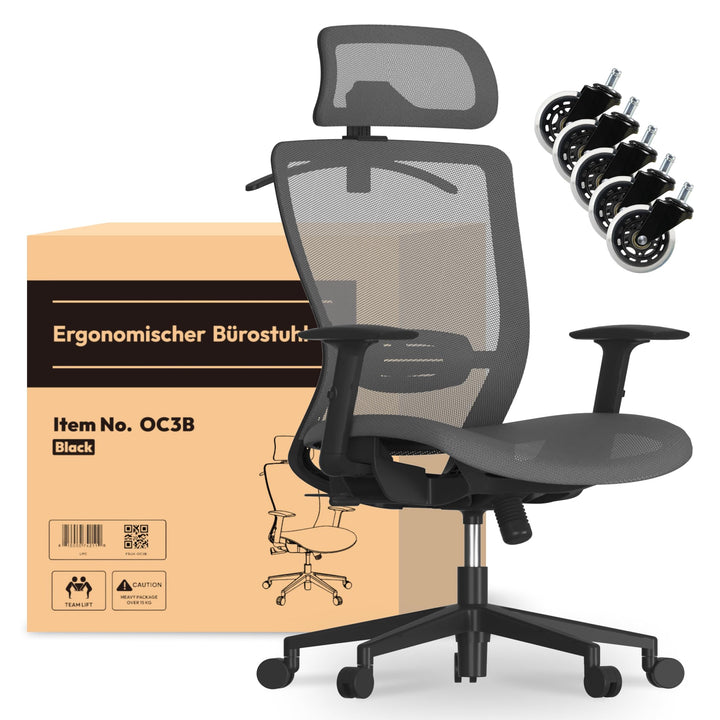 FLEXISPOT OC3 Ergonomischer Bürostuhl, Schreibtischstuhl mit Verstellbarer Kopfstütze & Lendenstütze