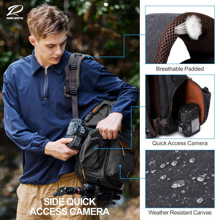 Padwa Lifestyle Kamerarucksack - Gewachstem Memory Canvas Kamerarucksack mit 16“ Laptop-/Objektivfac