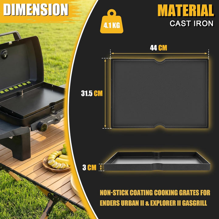 GFTIME Antihaft Grillplatte 44 × 31,5 × 3cm für Enders Urban II & Explorer II, Gusseisen Grillplatte