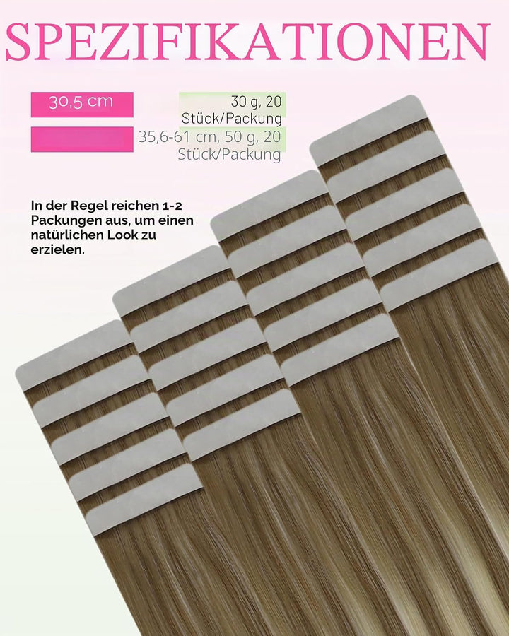YoungSee Tape Extensions Echthaar Ombre 50 cm Echthaar Extensions Tape Ombre Braun bis Blond Tape in