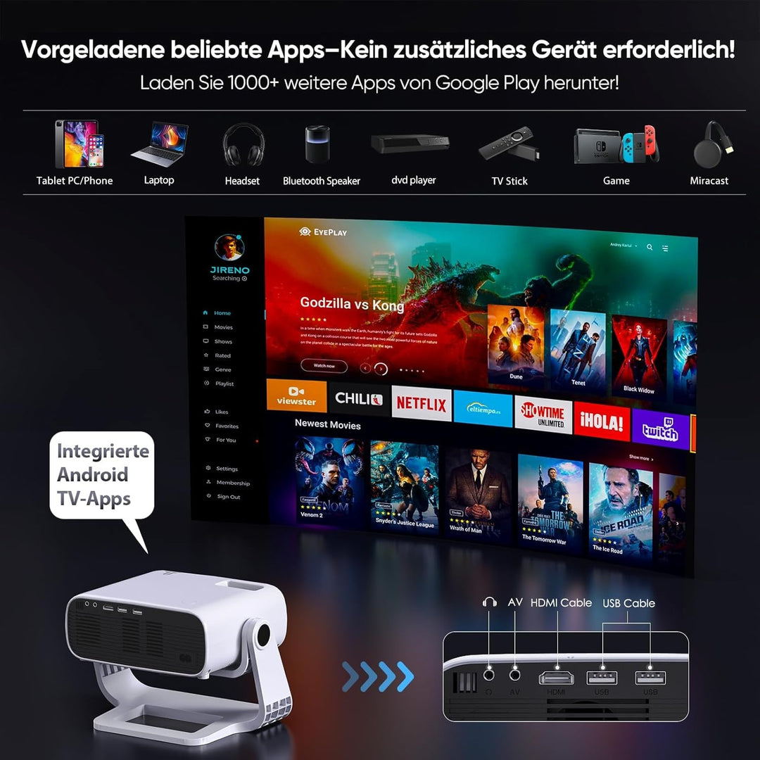 Wielio 2025 Neuer Upgraded Full HD 1080P Beamer, 20000 Lumens, 4K Unterstützung, Android 11, WiFi 6＆