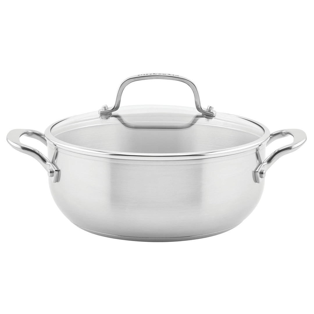 KitchenAid 71011 3-Ply Base Bratentopf aus gebürstetem Edelstahl mit Deckel Kasserolle (4 Quart), Ka