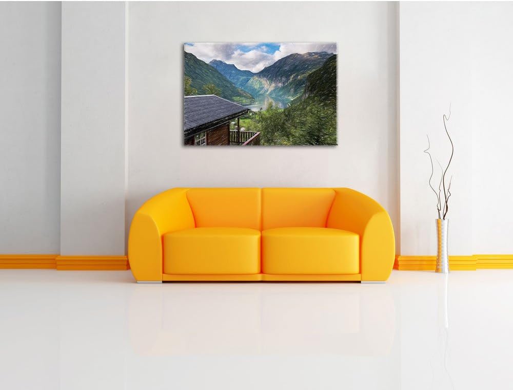 Pixxprint Hütte in schöner Umgebung Kunst Buntstift Effekt, Format: 100x70 auf Leinwand, riesige Bil