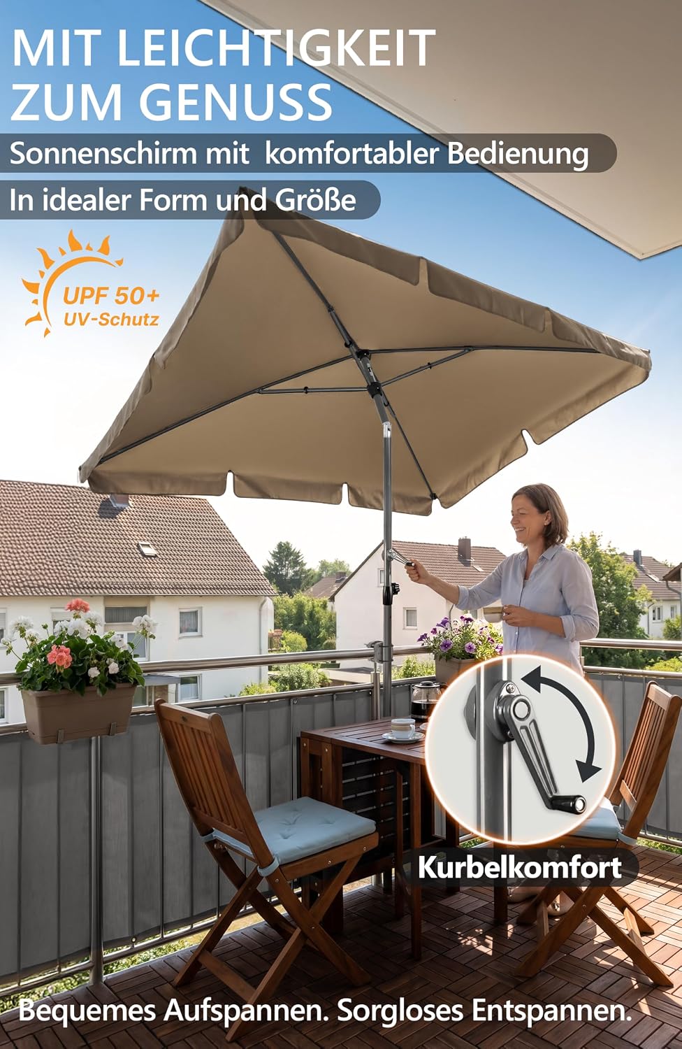 Menz Balkonschirm mit Kurbel, Sonnenschirm rechteckig 200x125 cm, Sonnenschirm Balkon, UV 50+ Sonnen