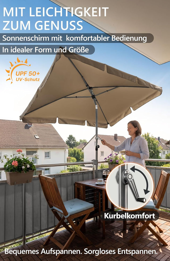Menz Balkonschirm mit Kurbel, Sonnenschirm rechteckig 200x125 cm, Sonnenschirm Balkon, UV 50+ Sonnen