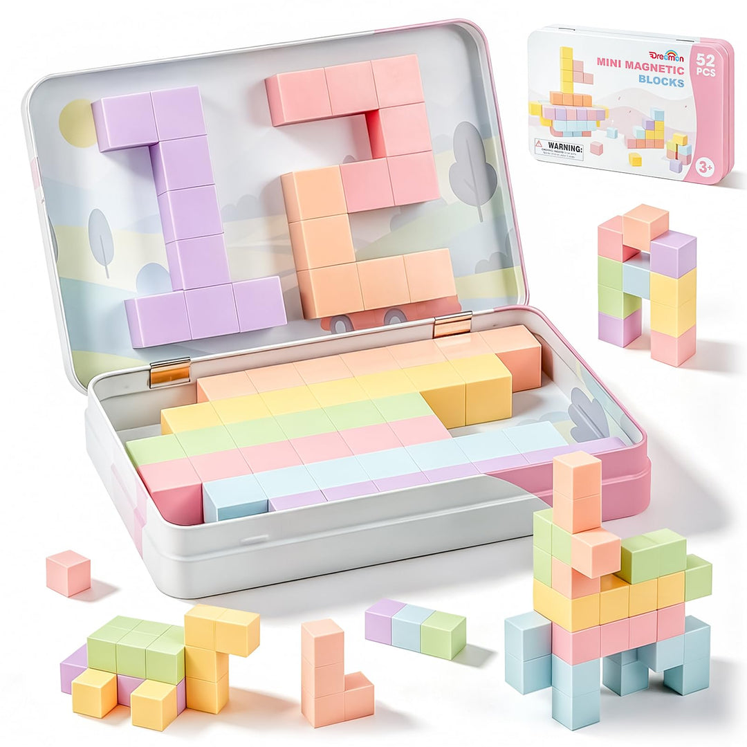 Dreamon 52PCS Mini Magnetische Bausteine Magnetic Building Blocks mit Blechdose Magnetische Baustein