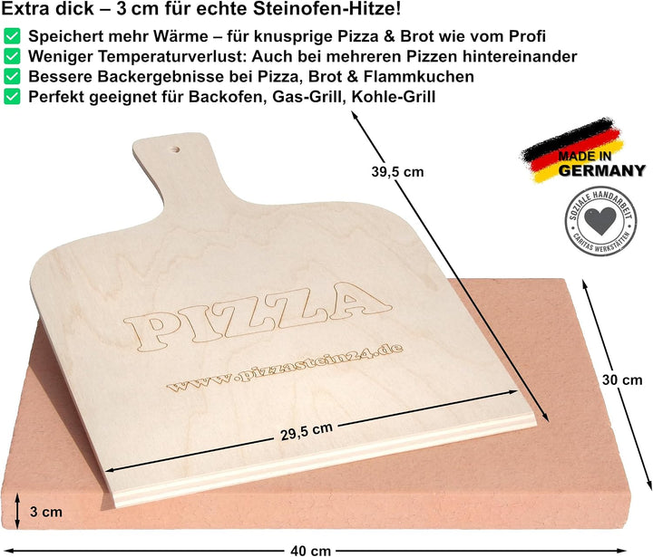 PIZZASTEIN - BROTBACKSTEIN Set, extra dicker lebensmittelechter Schamottestein eckig 40 x 30 x 3 cm