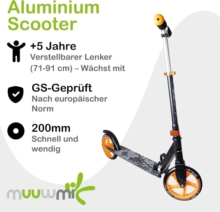 Muuwmi Aluminium Scooter - 200 mm Räder - ABEC 5 Lager - Höhenverstellbarer Lenker - Geeignet für Ki