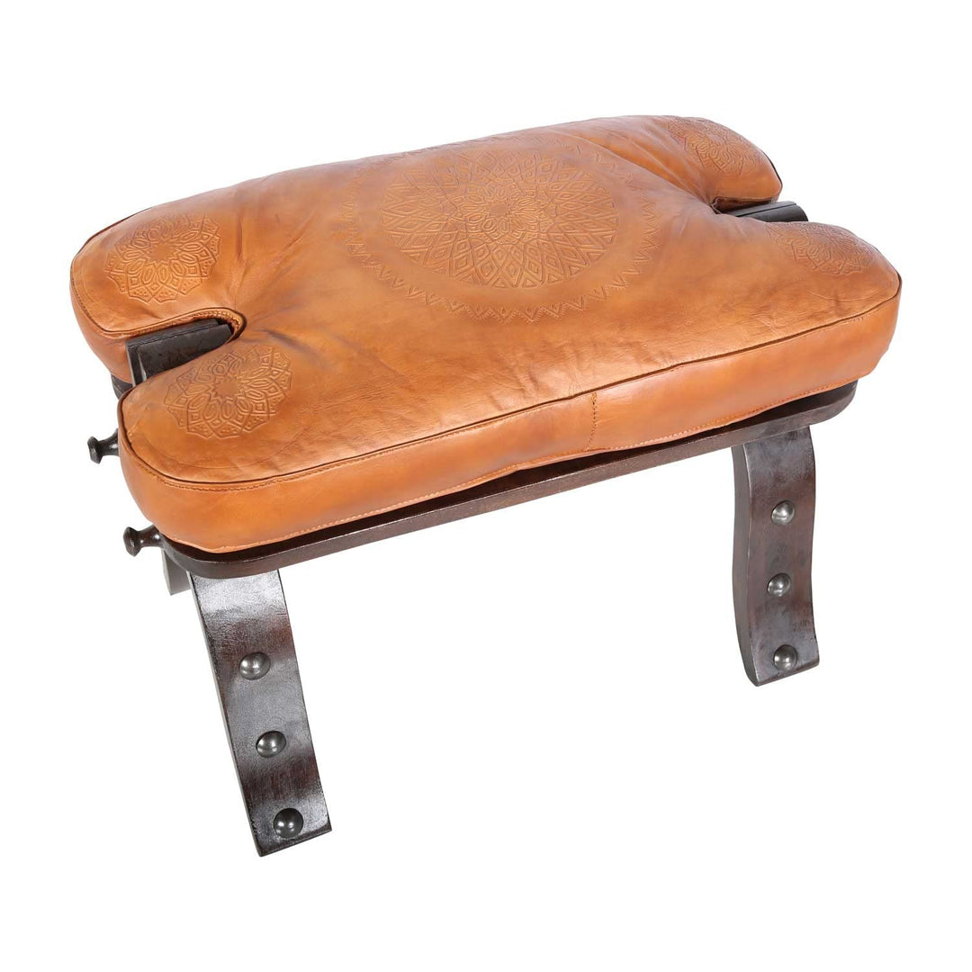 Casa Moro Marokkanischer Kamelhocker Sadia Karamel mit echt Leder-Sitzkissen & klappbarem Holz-Geste