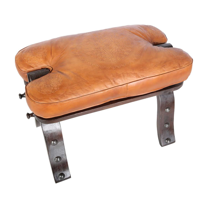 Casa Moro Marokkanischer Kamelhocker Sadia Karamel mit echt Leder-Sitzkissen & klappbarem Holz-Geste