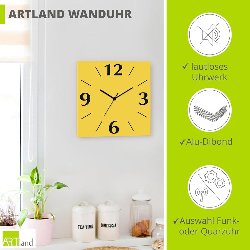 ARTLAND Wanduhr ohne Tickgeräusche Alu Funkuhr 30x30 cm Quadratisch Lautlos 4 Ziffern Farbig Schlich