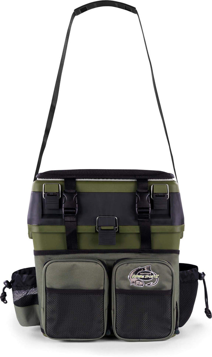 Sitzkiepe Angelrucksack Multi-Angelbox Sitz- und Gerätekasten mit Tragegurtsystem - inklusive 4 Kuns