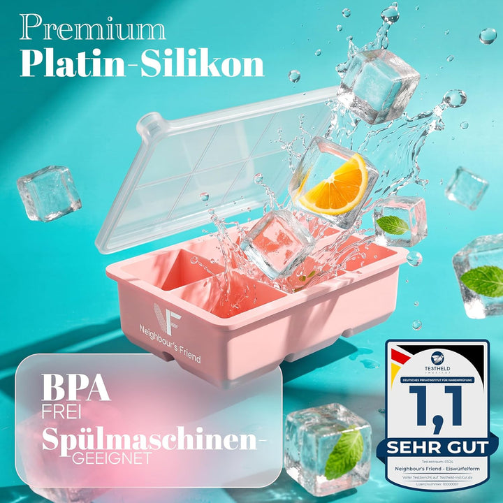 Neighbour’s Friend® Rosa Eiswürfelform XXL – Stylische Eiswürfelform aus Platinsilikon mit Deckel –