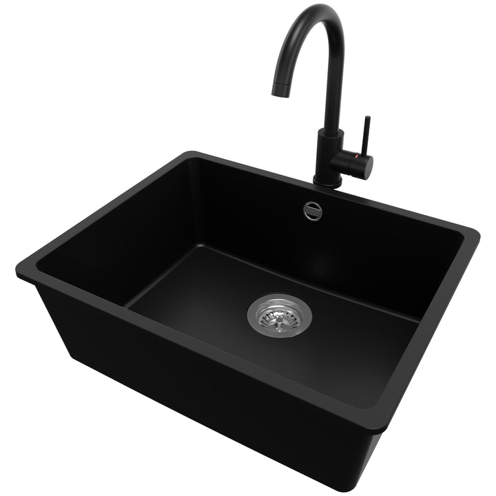Unterbauspüle Granit Schwarz 56x44 cm, Granitspüle 1 Becken + Ablauf-Set + Küchenarmatur, Küchenspül