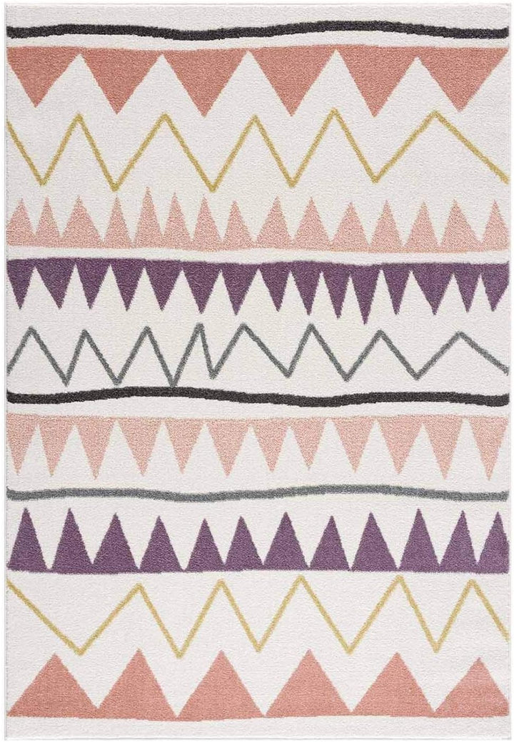 carpet city Kinderteppich Läufer - Zickzack-Motiv 80x150 cm Creme Rosa - Kinderzimmer Teppich Modern