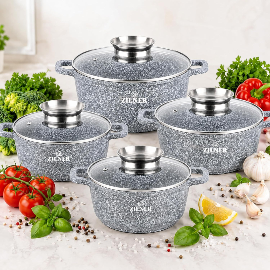 Topfset 8-teilig Induktion | Marmorbeschichtung Kochtöpfe Set mit Glasdeckeln | Antihaft Kochgeschir