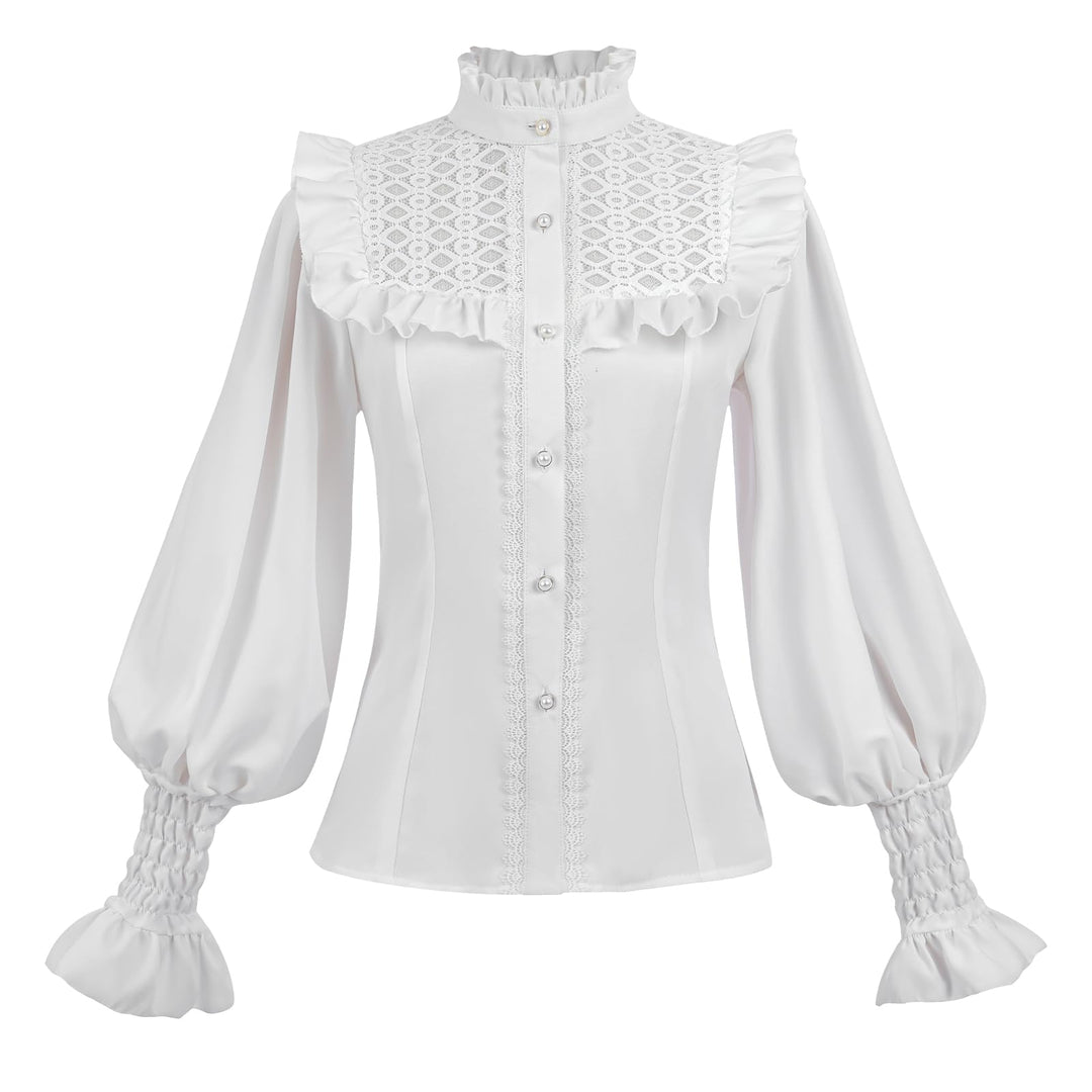 CR ROLECOS Viktorianische Bluse Damen Stehkragen Damen Mittelalter Rüschenbluse Vintage Bluse Weiss