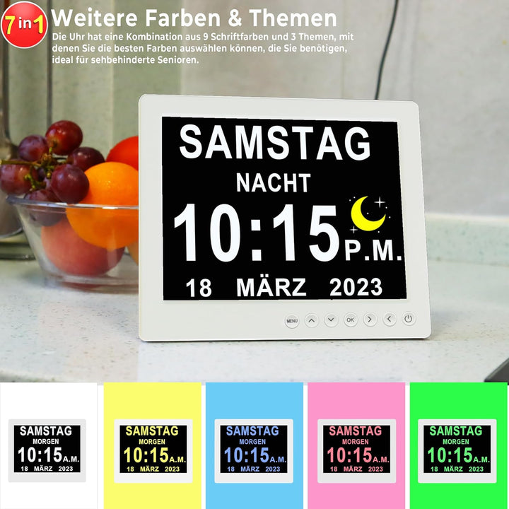 Véfaîî 8 Zoll Digitaler Wecker Wanduhr mit Fernbedienung 19 Alarme ,Seniorenuhr Kalender und Foto-Fu