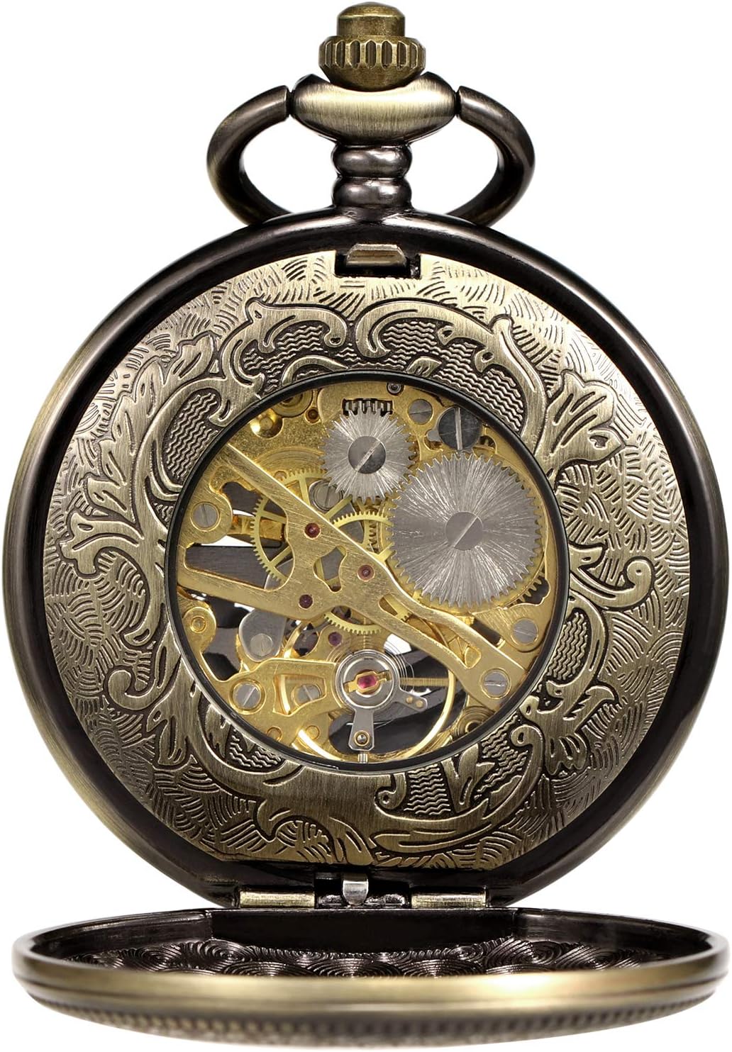 TREEWETO Unisex Taschenuhr mit Kette Analog Handaufzug Doppelscharnier Adler Skelett Römische Ziffer