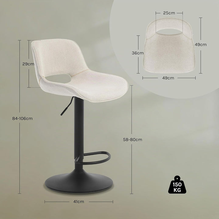 WOLTU Barhocker 2er Set, höhenverstellbar, mit Rückenlehne, Leinen, Beige | Barstuhl mit Fussstütze,