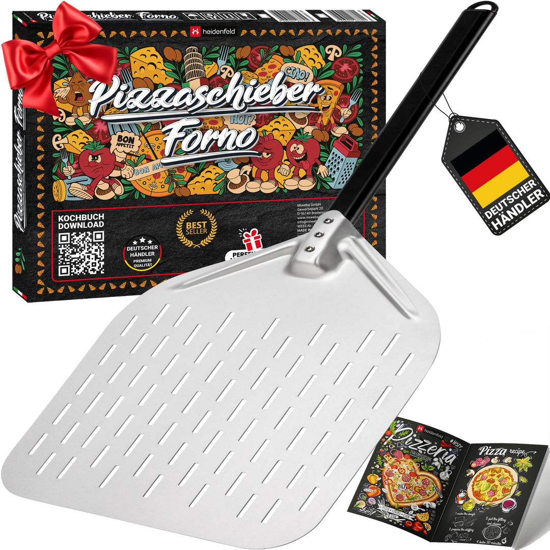 Heidenfeld Premium Pizzaschieber Forno | Pizzaschaufel perforiert - Grosse Fläche 34.0 x 33.0 cm - S