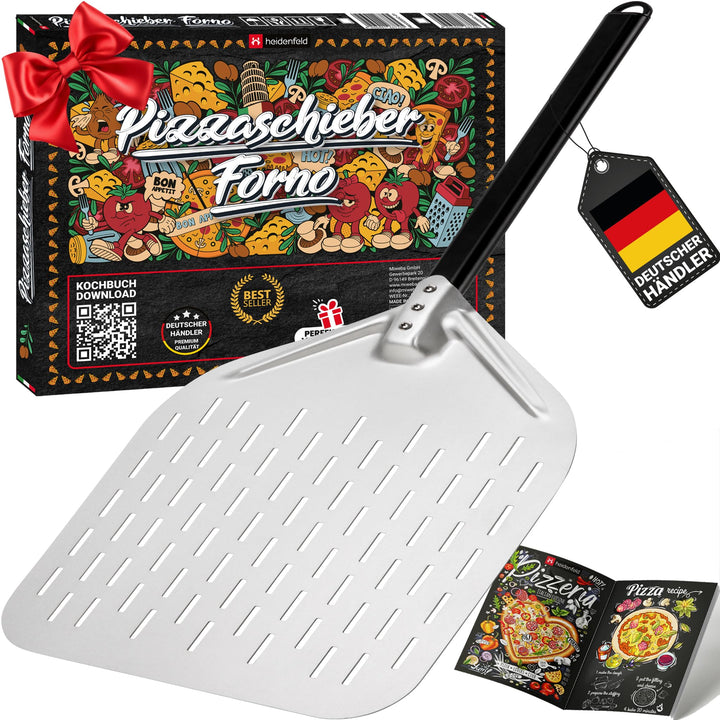 Heidenfeld Premium Pizzaschieber Forno | Pizzaschaufel perforiert - Grosse Fläche 34.0 x 33.0 cm - S