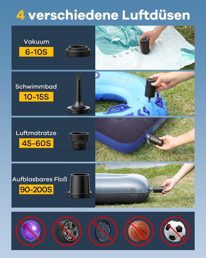 4500Pa Elektrische Luftpumpe,2500mAh Akku Luftpumpe Elektrisch für Aufblasen und Entleeren mit 4 Luf